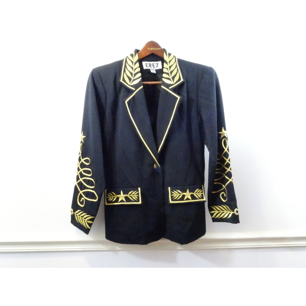 Vintage Erez Wool Blazer Black Gold Military Embroidery Star Button Size 8